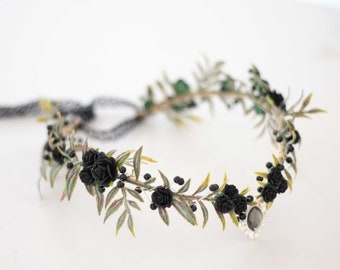 Black elven crown, woodland diadem, dark floral crown, fairy flower crown, elf tiara, elf headpiece, elvish tiara, elven crown