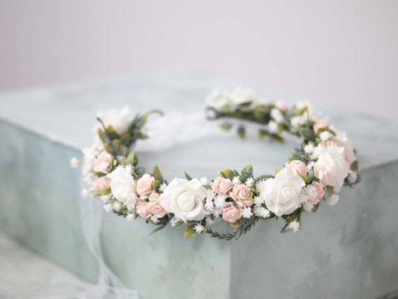 Blush & White Flower Crown: Baby's Breath Headband, Adjustable