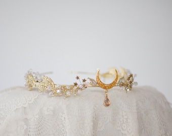 Crescent Moon Crown: Gold Elven Circlet, Celestial Headband