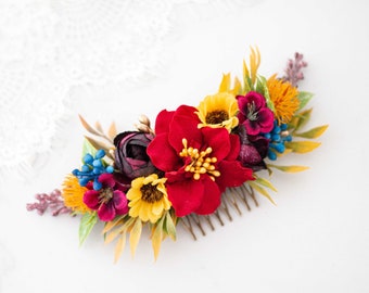 Colorful flower comb for wedding, bright bridal comb, mexican flower hair comb, rainbow floral headpiece