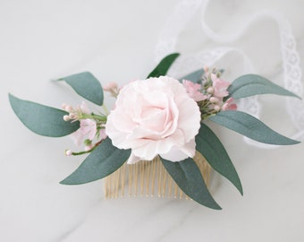 Blush flower comb wedding, eukalyptus floral comb, floral hair comb