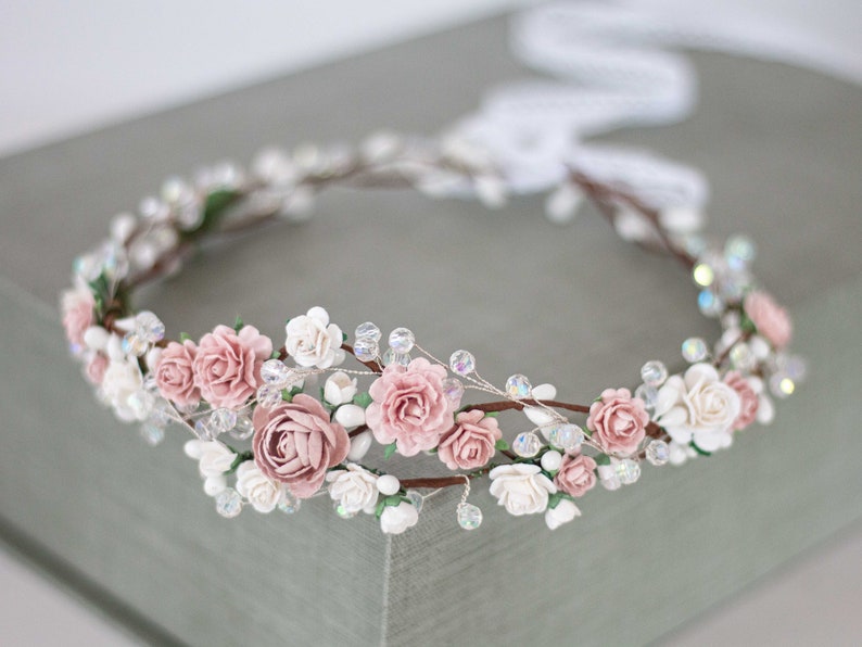 Dusty rose flower crown wedding, crystal hair wreath, dainty flower headband, bride bridesmaid flower girl halo, fine floral headpiece image 2