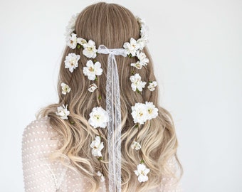 Cascading flower crown wedding, cascade hair wreath, delicate floral headband, bride headpiece, white flower garland, flower girl halo