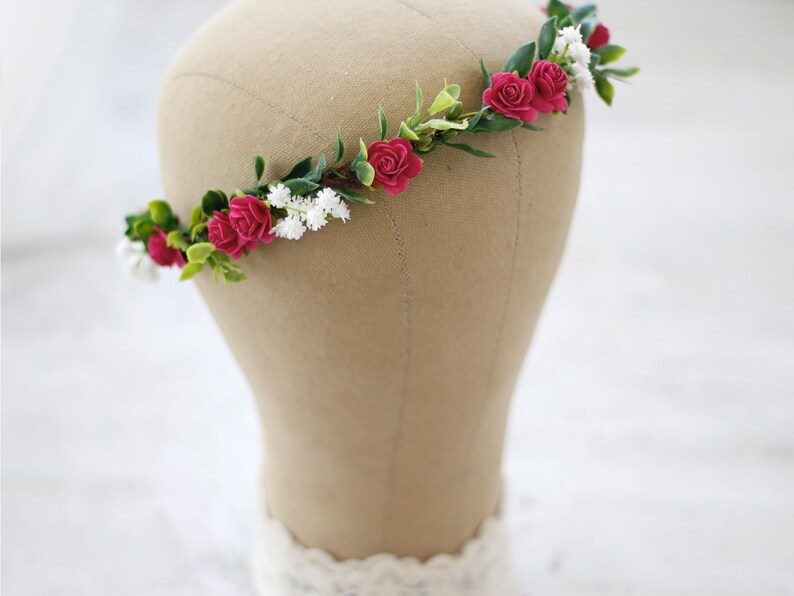 boho flower crown woodland flower crown flower girl crown Hot pink flower crown tie back flower crown fuchsia bridal flower head wreath