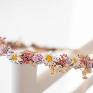 Meadow flower crown, dried flower crown for wedding, purple pink flower halo, preserved floral crown, dainty flower headband, flower girl imagem 7