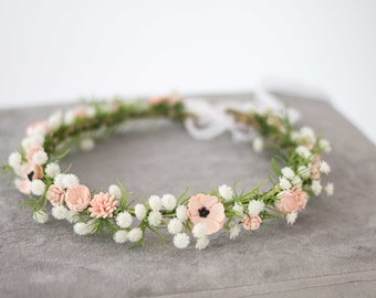 Pale pink white flower crown, babys breath garland, bride bridesmaid flower girl halo, first holy communion headpiece, babies breath wreath