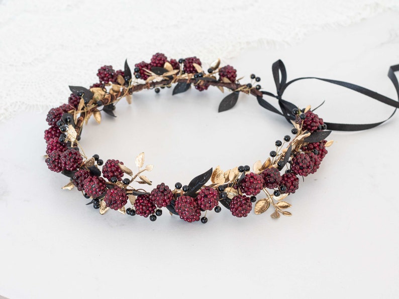 Gold burgundy flower crown, flower halo with raspberries, raspberry headband, golden flower headpiece, wedding hair wreath, dark flower halo image 9