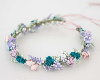 Lavender flower crown wedding, pink purple hair wreath, dainty flower headband, bride bridesmaid flower girl halo, fine floral headpiece