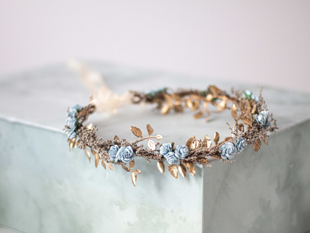 Blue Gold Flower Crown for Wedding Thin Flower Halo - Etsy