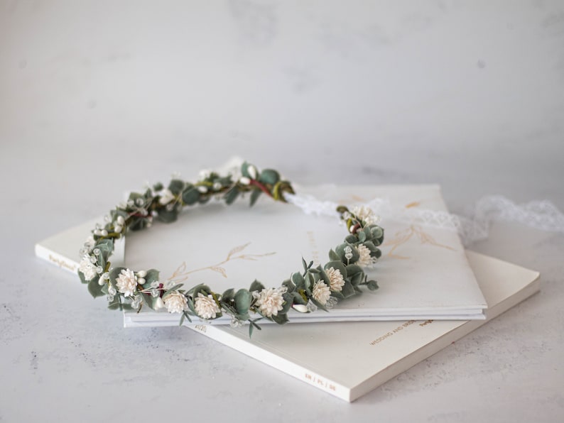 Eucalyptus flower crown wedding, green flower crown, eucalyptus headband, greenery bridal wreath, wedding headpiece, flower girl halo image 2