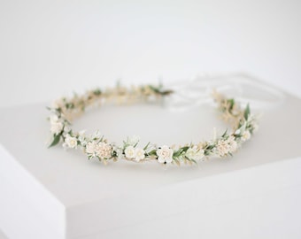 Dainty flower crown wedding, thin floral crown, off white hair wreath, simple flower headband, bride bridesmaid headpiece, flower girl halo