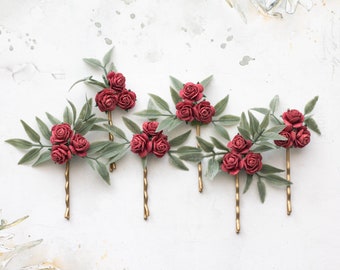 Deep red flower hair pins, small rose clips, burgundy wedding hair clips, rose bobby pins, flower girl head piece, dark red bridal comb