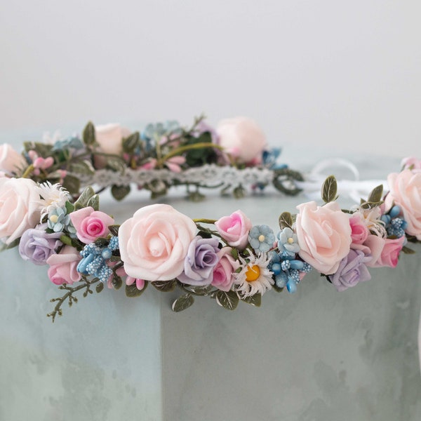 Pastel flower crown wedding, boho headband, soft pink blue purple hair wreath, bridal rustic crown, bohemian floral crown, flower girl halo