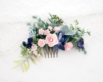 Blush navy blue flower comb for wedding, pink navy bridal comb, pale pink flower hair comb, greenery floral headpiece