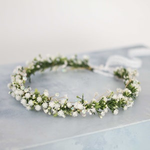 White flower crown with crystals, bride bridesmaid flower girl halo adjustable, first holy communion headpiece, babies breath wreath