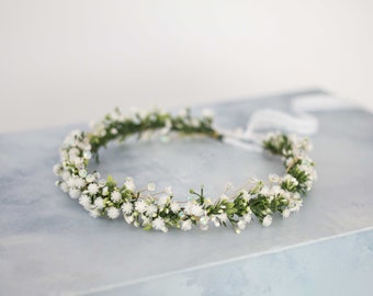 White flower crown with crystals, bride bridesmaid flower girl halo adjustable, first holy communion headpiece, babies breath wreath