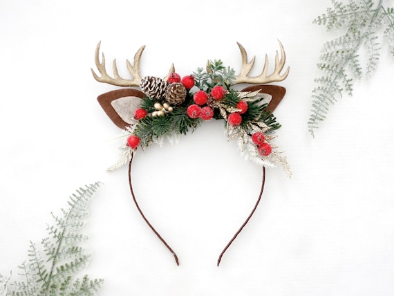 Antler headband reindeer headband winter flower crown deer antler headband christmas floral headband ugly christmas sweater headband