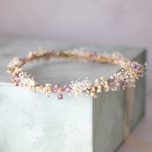 Dried flower crown for wedding, purple floral crown, baby breath headband, dainty flower headband, ivory lavender floral headband image 2