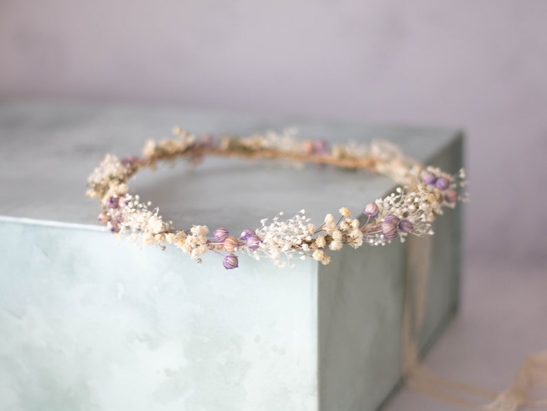 Dried flower crown for wedding, purple floral crown, baby breath headband, dainty flower headband, ivory lavender floral headband image 2