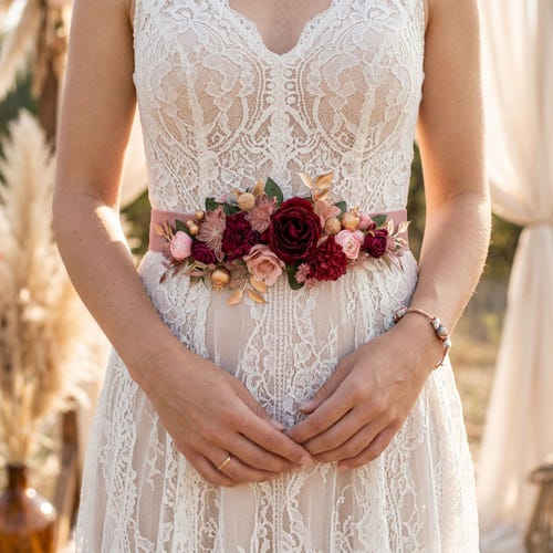 burgundy wedding dress sash Burgundy Flower Wedding Belt: Black Lace Bridal Sash