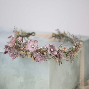 Dusty purple crown wedding, pale pink blue flower hair wreath, romantic floral garland, boho bride floral headband, flower girl halo