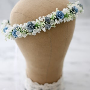 Dusty blue flower crown wedding, serenity flower crown bridal shower, flower girl halo, maternity shoot props, bridal flower wreath image 5