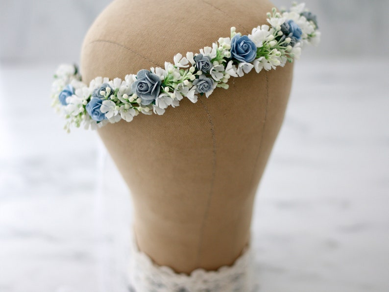 Dusty blue flower crown wedding, serenity flower crown bridal shower, flower girl halo, maternity shoot props, bridal flower wreath image 5