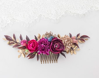 Burgudny purple flower comb for wedding, gold bridal comb, long flower hair comb, rustic floral headpiece, boho wedding bridal comb