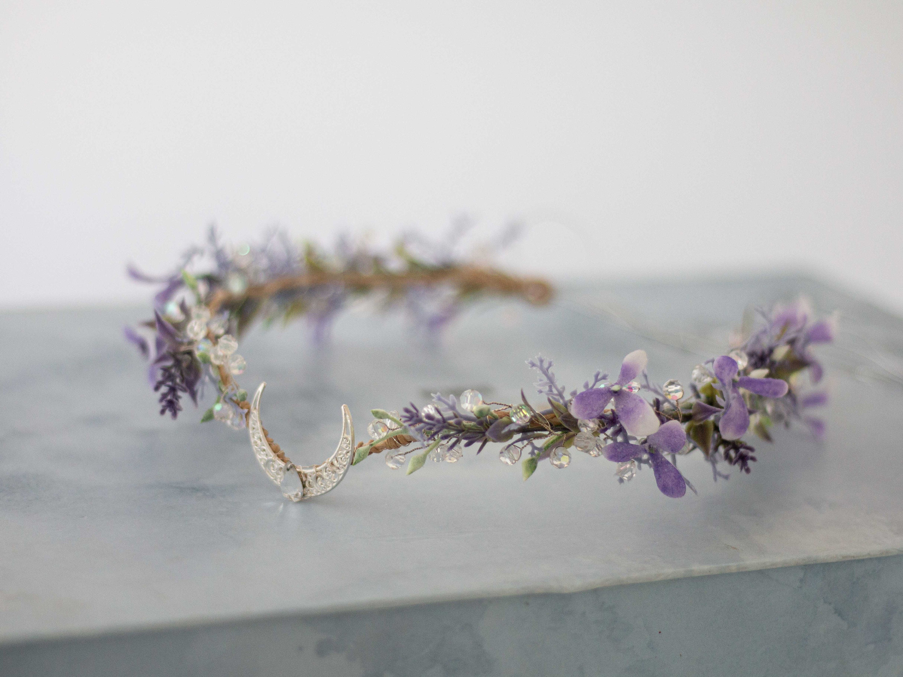Crescent Moon Crown: Lavender Floral Elven Wedding Headband  display picture 2