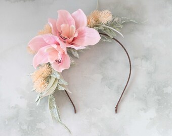 Pink orchid flower headband, tropical flower crown boho, pastel flower headpiece orchids, hawaii hair wreath, blush peach floral crown