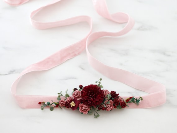 Burgundy Flower Belt: Blush Wedding Dress Sash, Adjustable