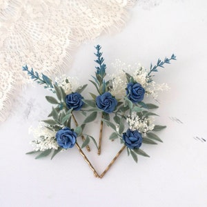 Navy blue flower hair pins, baby&#39;s breath hair clip, wedding flower hair piece, bridal floral hairpin, white hairpiece, flower hair comb