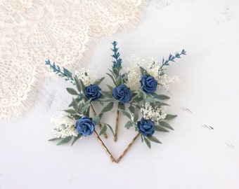 Navy blue flower hair pins, baby's breath hair clip, wedding flower hair piece, bridal floral hairpin, white hairpiece, flower hair comb