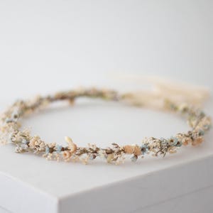 Blue ivory flower crown with dried flowers, baby&#39;s breath hair wreath, bohemian wedding headpiece, thin floral hair piece, flower girl halo
