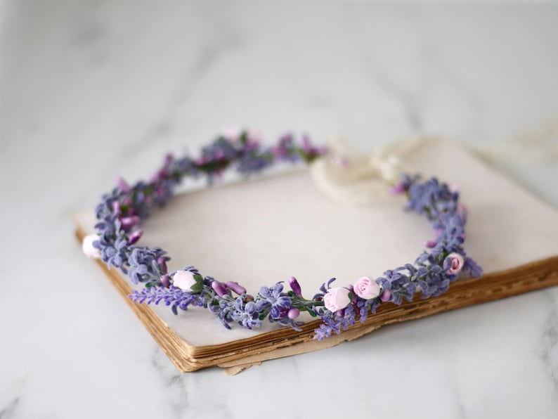 Lavender flower crown for wedding, dainty flower wreath, blush purple flower crown, delicate flower headband image 3