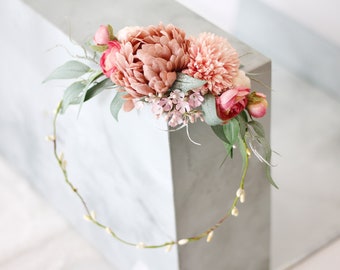 Dusty rose flower crown for wedding, bridal shower hair crown, back flower headpiece, blush headband