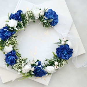 Blue flower crown wedding, boho floral crown bridal, head wreath adult