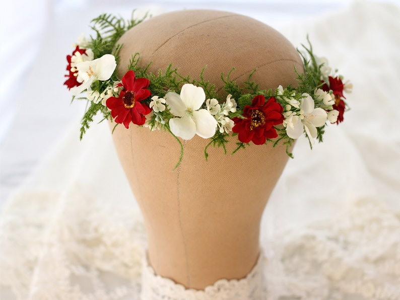 bridesmaid floral headband red white flower girl halo Burgundy flower crown for wedding bachelorette party headpiece