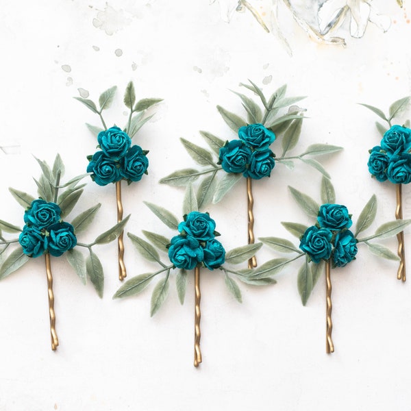 Turquoise flower hair pins, wedding hair clip, rose bobby pins set of 6, flower girl head piece, bridal flower comb, bridesmaid hair pin