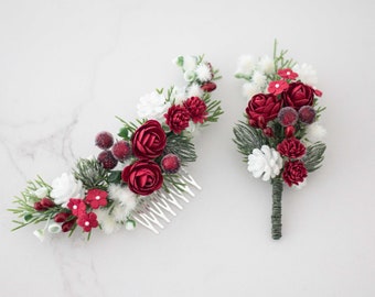 Christmas wedding set floral hair comb & boutonniere