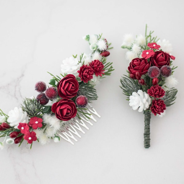 Christmas wedding set floral hair comb & boutonniere