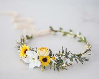 Yellow sunflower flower headband for wedding, bridal hair crown headpiece, yellow flower girl halo