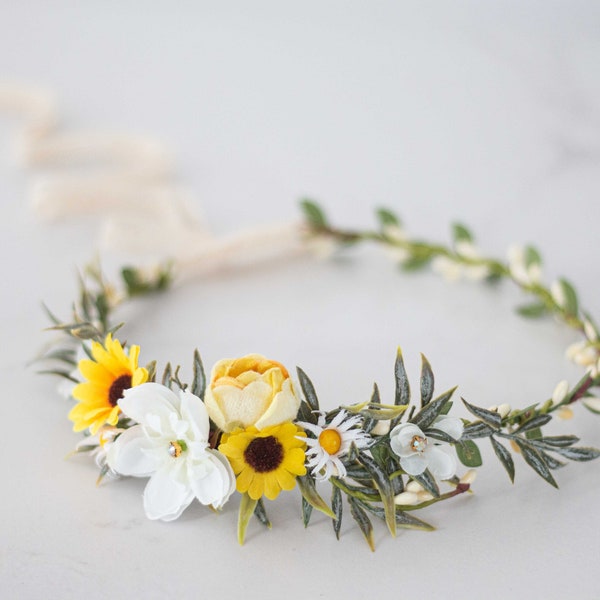 Yellow sunflower flower headband for wedding, bridal hair crown headpiece, yellow flower girl halo