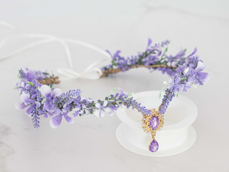 Lavender flower crown, light purple elven tiara wedding, lavender purple elf diadem for bride bridesmaids, fairy flower crown, flower halo image 5