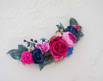 Large flower comb wedding, half flower crown, hot pink navy blue hair comb, bridal floral headpiece, vibrant hair clip, wedding head piece