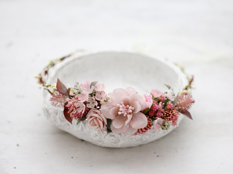 Dusty Pink Bridal Wreath Tie Back Flower Crown Mauve Flower Crown Wedding