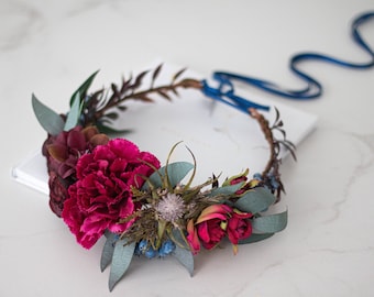 Burgundy purple flower crown wedding, wild floral crown bride, deep red purple bridesmaid hair flower, floral headband maid of honor