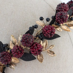 Gold burgundy flower crown, flower halo with raspberries, raspberry headband, golden flower headpiece, wedding hair wreath, dark flower halo image 6