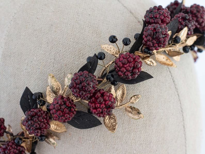 Gold burgundy flower crown, flower halo with raspberries, raspberry headband, golden flower headpiece, wedding hair wreath, dark flower halo image 6