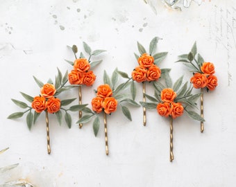 Orange flower hair pins, small rose clips, wedding hair clips, rose bobby pins, flower girl head piece, bridal comb, bridesmaid hair pin